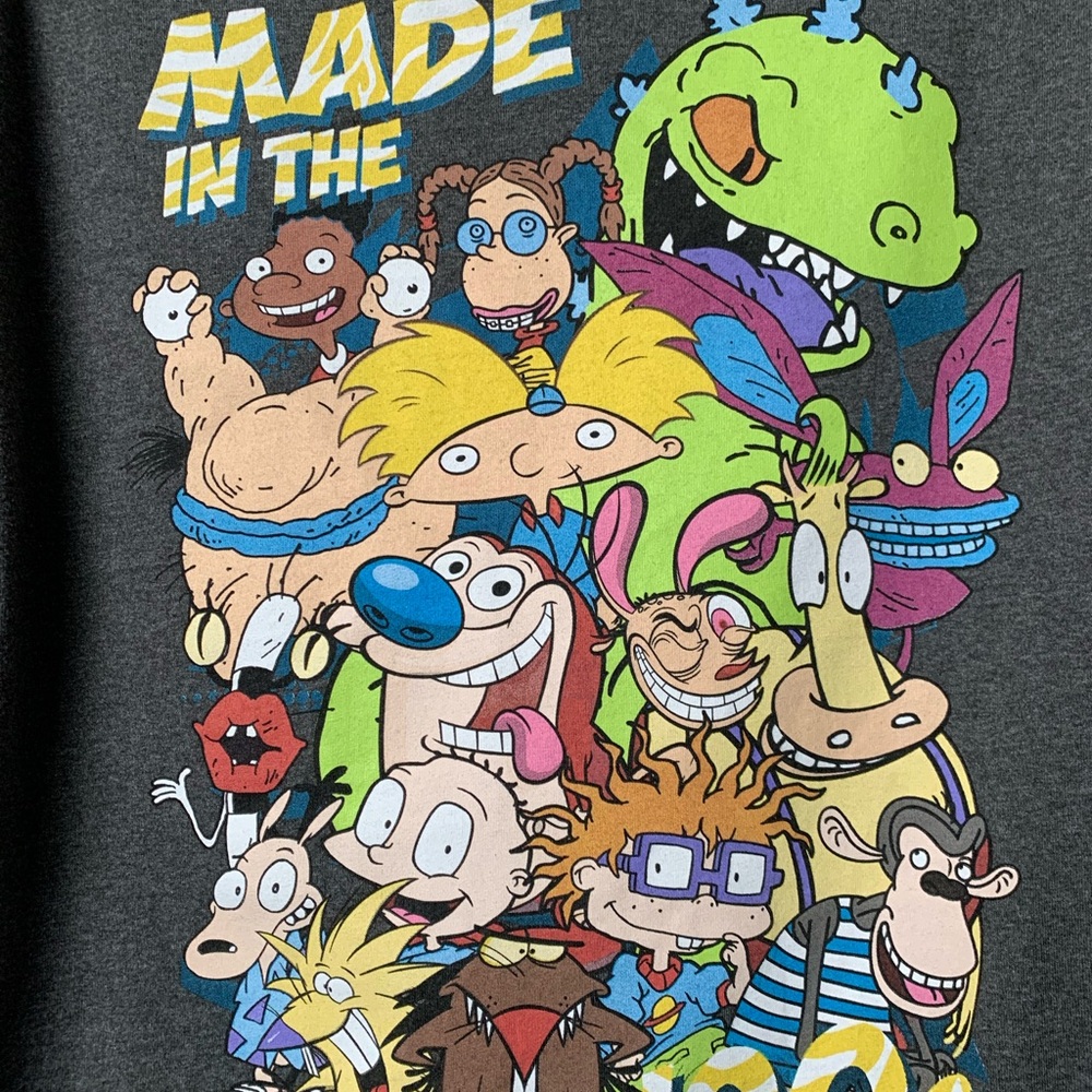 Nickelodeon Charcoal Gray Short Sleeve Tee with Colorful Cartoon Characters
